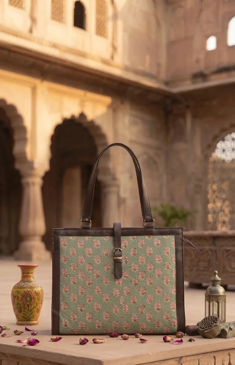 Green Ditsy Floral Office Tote